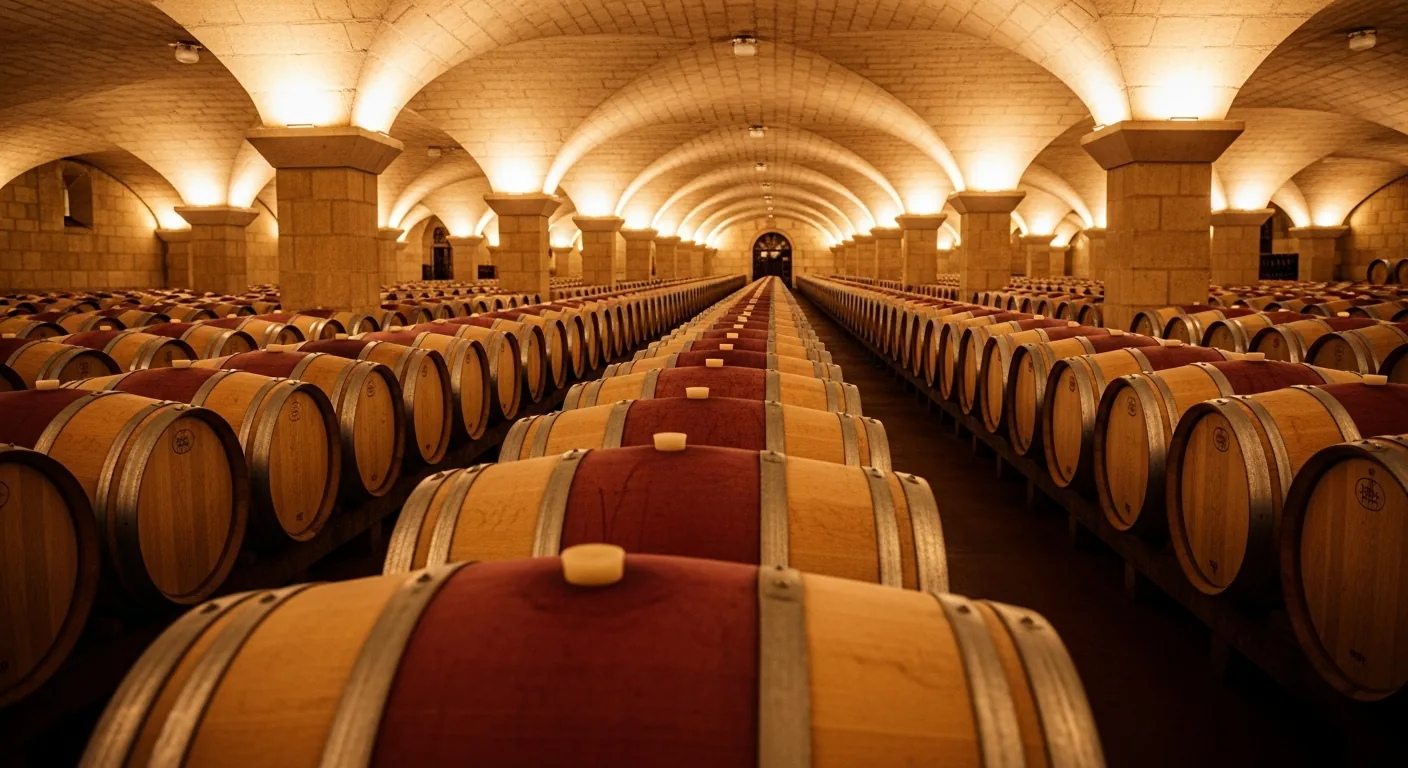 Bodega de Grand Cru Médoc con barricas de roble francés y bóveda de piedra para la crianza del vino