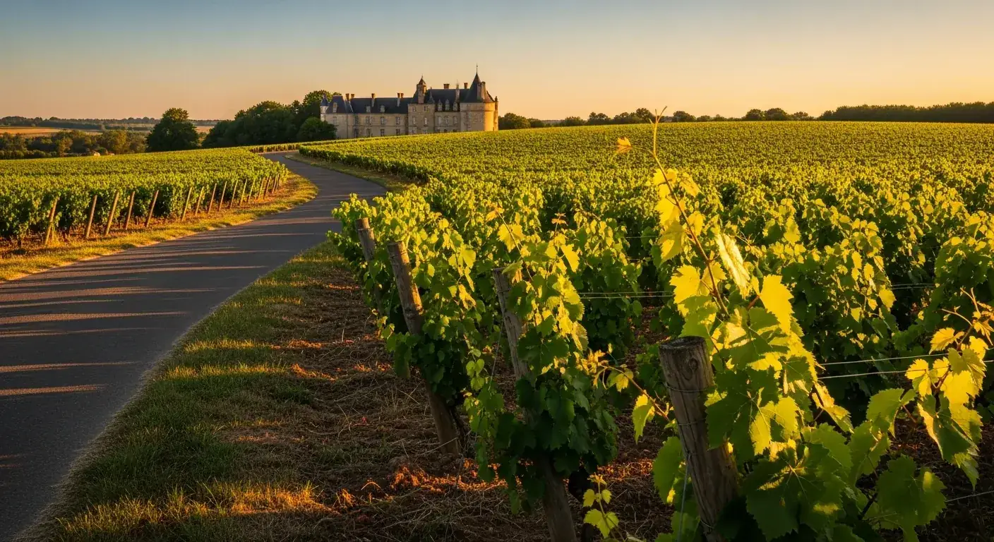 Ruta de los Châteaux D2 en el Médoc, bordeada de viñedos y con un château bordelés en el horizonte