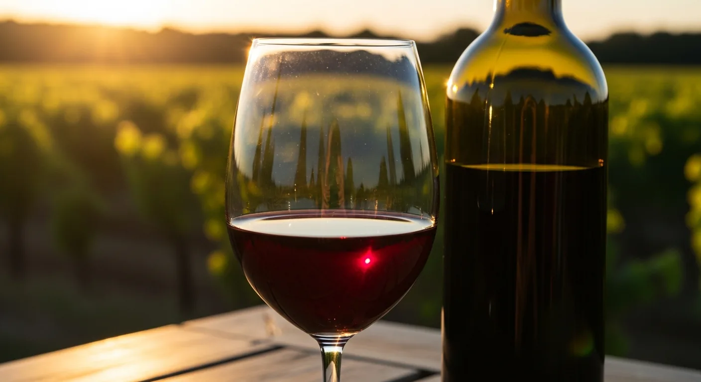 Cata del vino tinto Médoc en una copa, con la botella y el sacacorchos sobre una mesa de madera