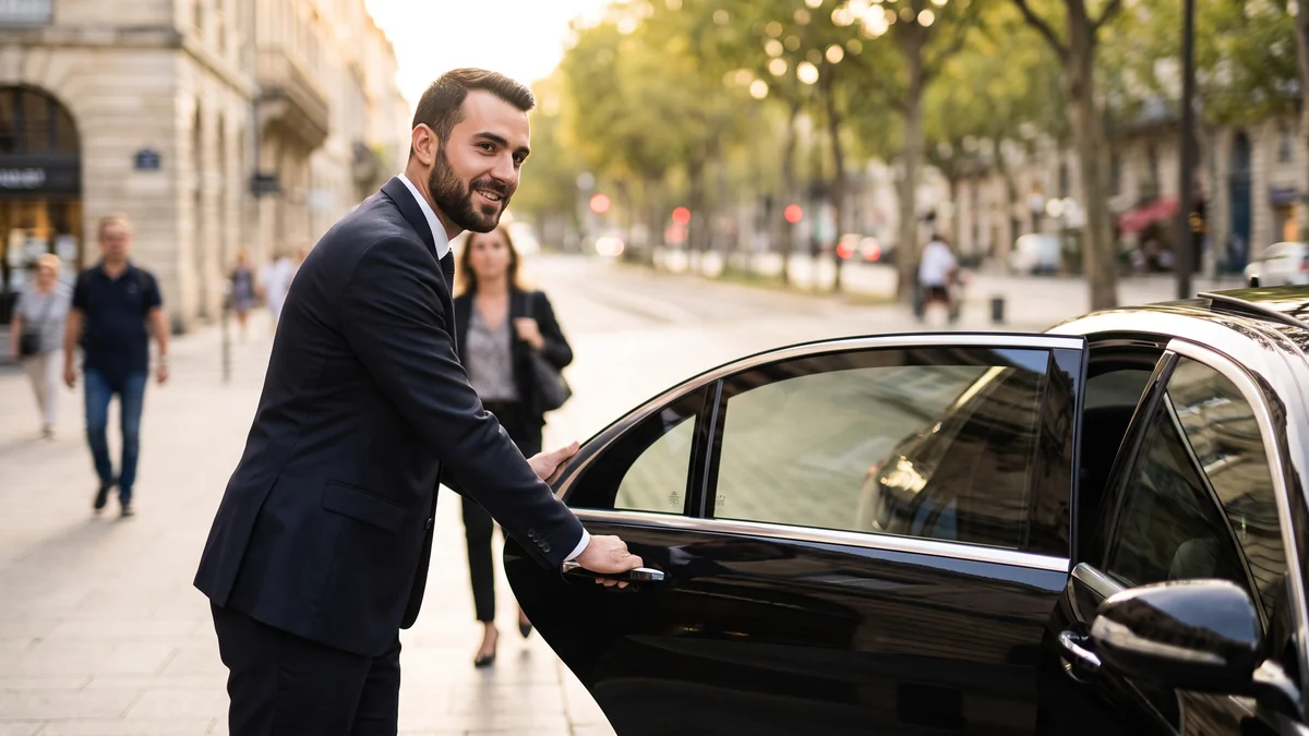 Conductor que muestra a un cliente en Burdeos un presupuesto fijo en una tableta