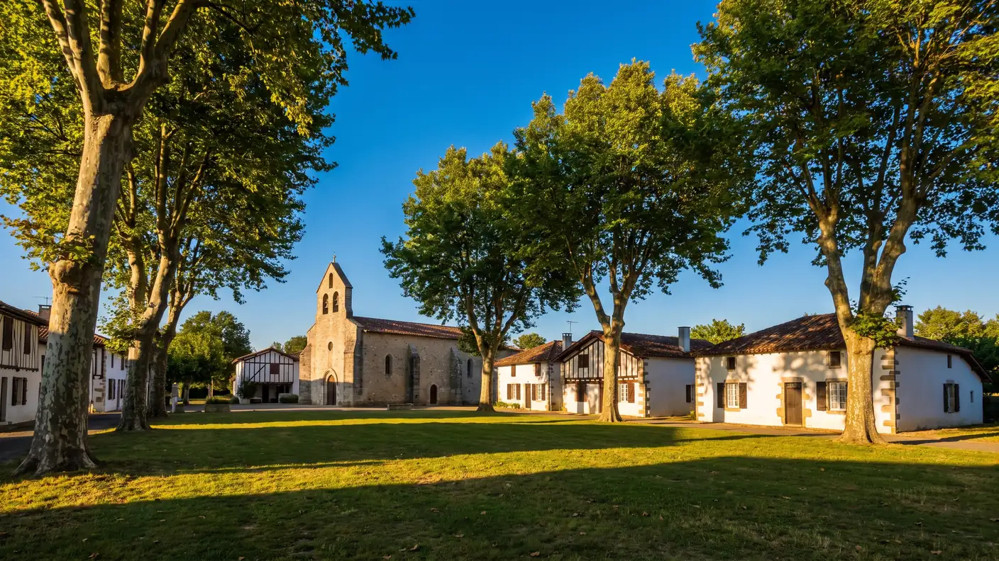 Una modesta iglesia de piedra con un campanario sencillo, casas de las Landas con entramado de madera alrededor de una plaza sombreada