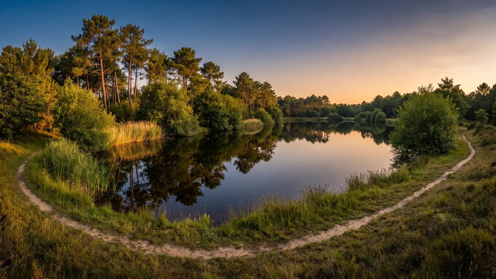 Un tranquilo estanque en el bosque, rodeado de juncos y pinos, con aguas oscuras en las que se reflejan los árboles a la hora dorada