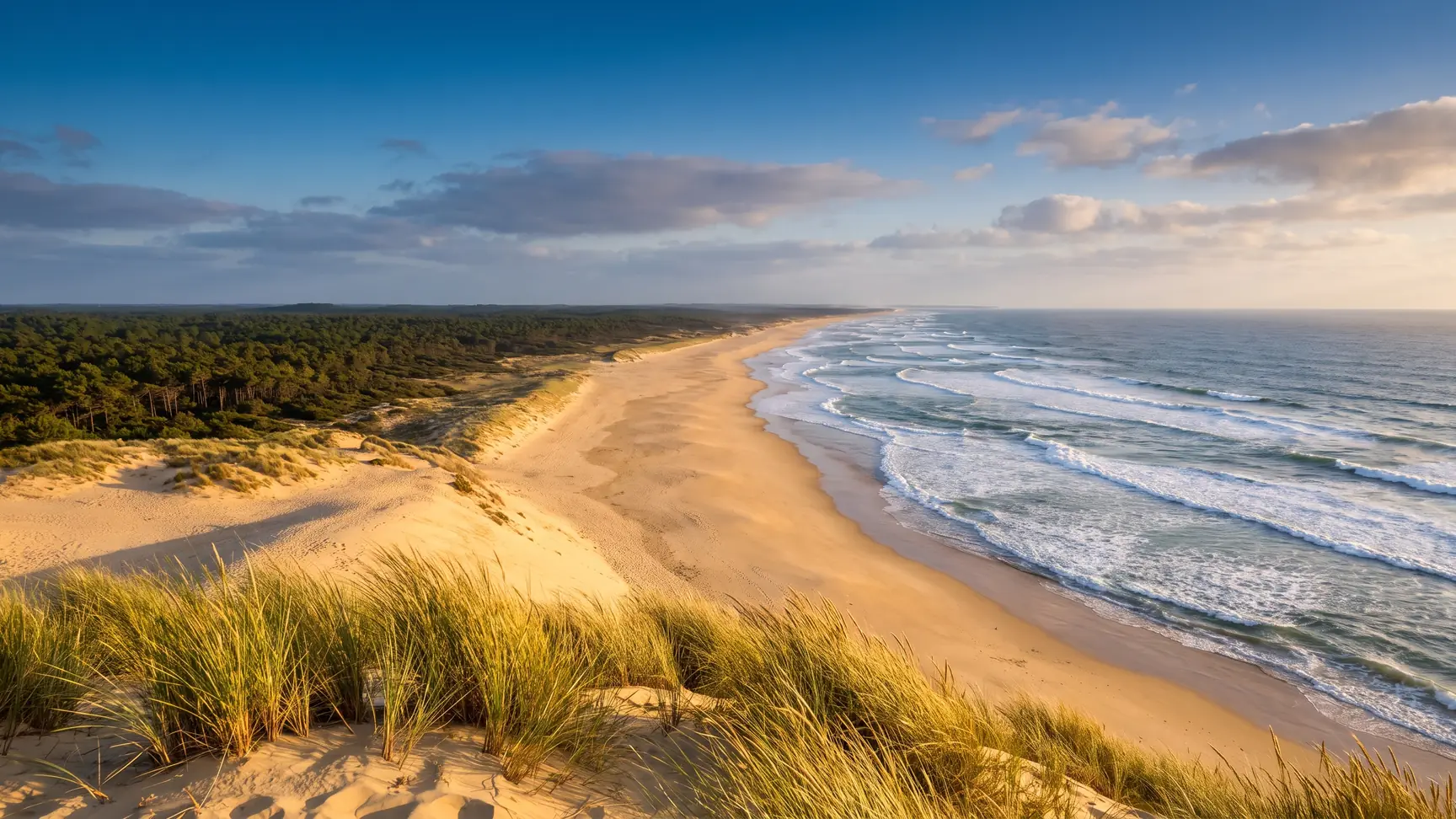 La costa de las Landas vista desde una duna alta, una playa desierta y el oleaje del Atlántico, un bosque de pinos que se extiende hasta donde alcanza la vista