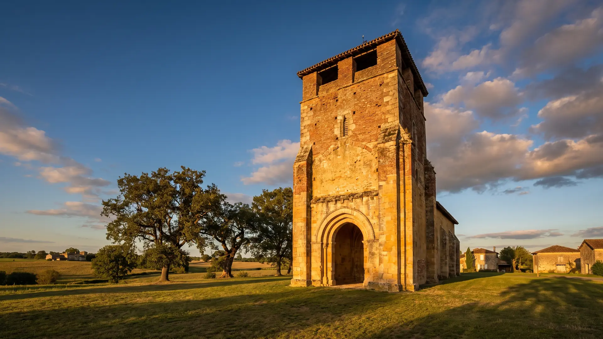 Un venerable campanario-pórtico románico de piedra ocre y ladrillo, vestigio de un priorato medieval, bañado por la luz dorada