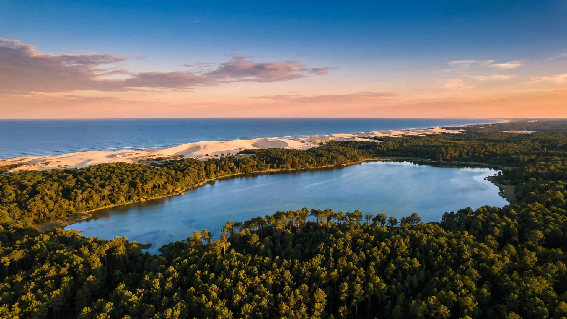 Un gran lago rodeado de pinos en primer plano, el inmenso macizo forestal de las Landas y, más allá, la línea de dunas y el océano