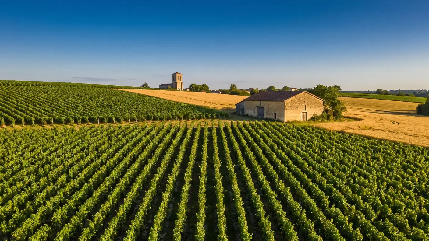 Hileras de viñedos de coñac en las laderas calcáreas de Charente-Maritime, una bodega de piedra, un campanario a lo lejos