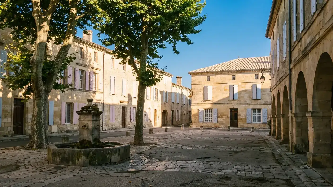 Una plaza típica de un pueblo de la Saintonge, con casas de piedra caliza, arcadas de medio punto, una fuente de piedra y plátanos.