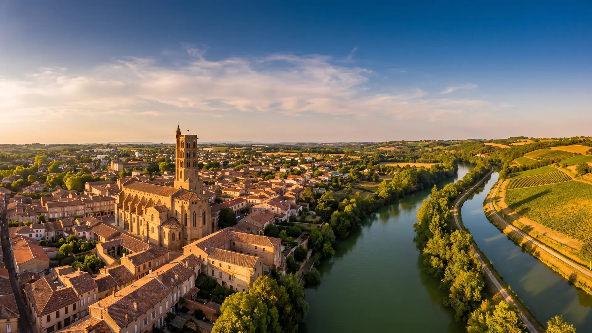 Panorama de Moissac entre la abadía, el Tarn y el canal