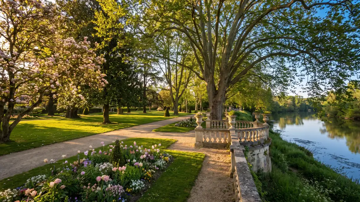 Un parque público a orillas de un río, con majestuosos plátanos, parterres floridos y una terraza con barandilla, en las Landas