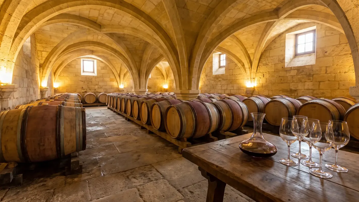 Barricas y mesa de cata en una bodega de la región de Libourne