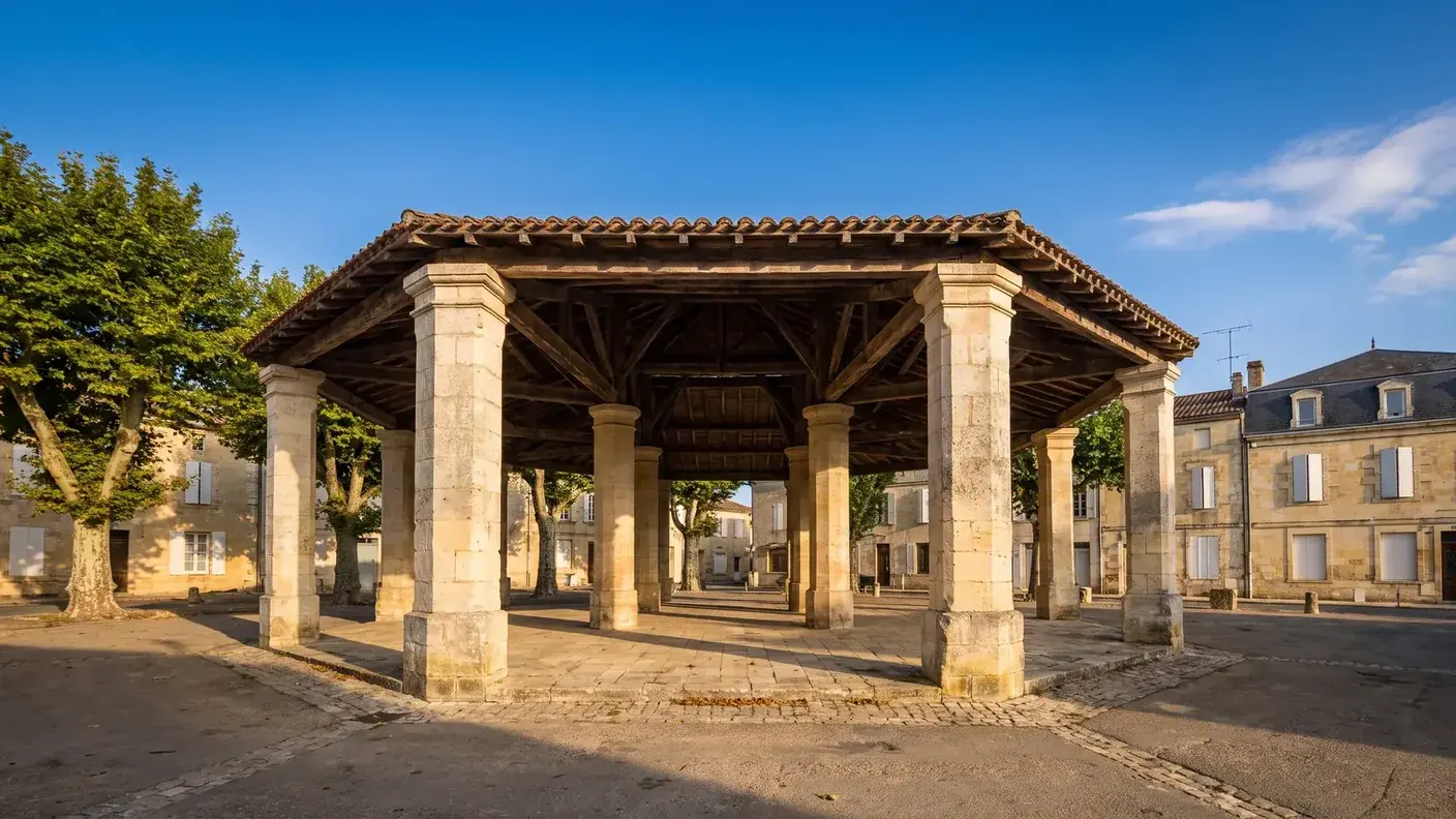 Un mercado cubierto del siglo XIX, construido en piedra y madera, situado en una plaza de un pueblo de la región de Saintonge