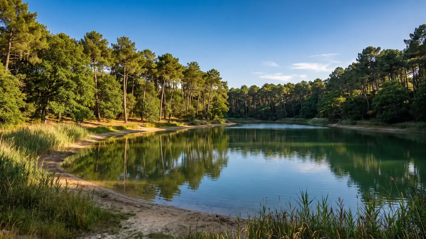Un estanque recreativo rodeado de pinos marítimos en Charente-Maritime, con aguas tranquilas, playa de arena y juncos