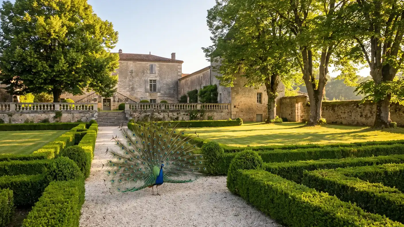 Un pavo real que abre la cola en un jardín, en referencia al nombre «Montpon»