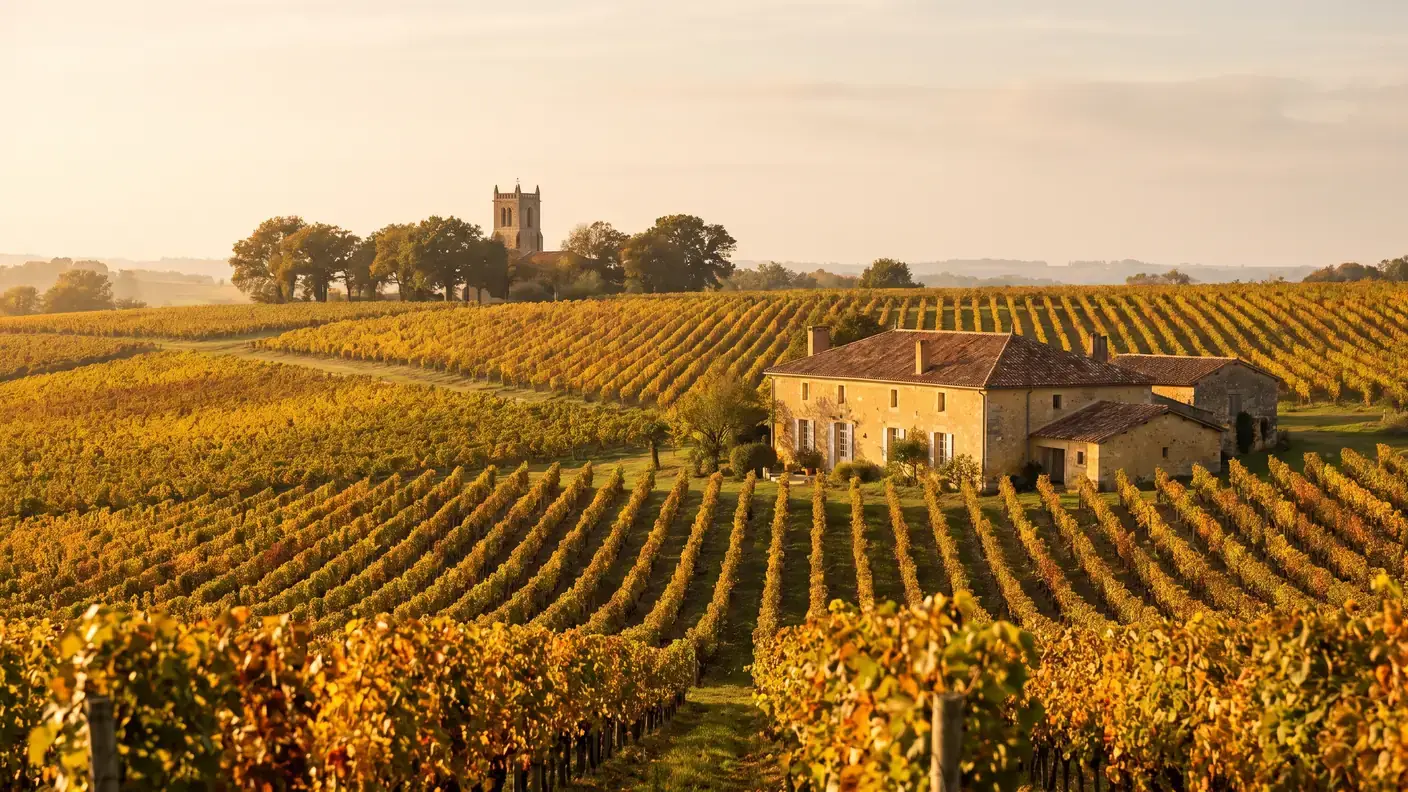 Filas de viñas en otoño en el viñedo de Armagnac, cerca de Montréal-du-Gers