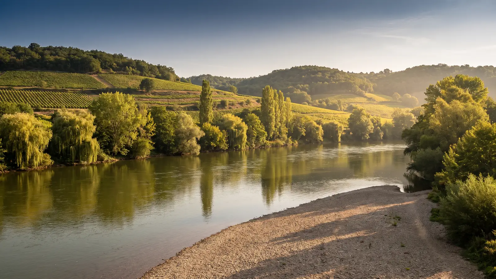 El valle del Dordoña, cerca de Castillon: un río tranquilo que bordea las laderas cubiertas de viñedos al atardecer