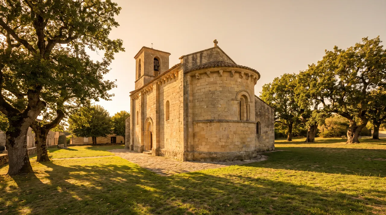 Pequeña iglesia románica de piedra clara con ábside redondeado y modillones esculpidos en Moulis-en-Médoc, luz cálida