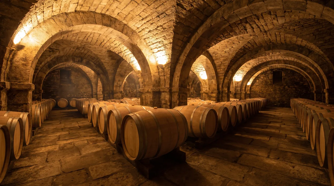 Barricas de roble alineadas en una bodega abovedada de piedra en Moulis, con una cálida luz sobre la madera