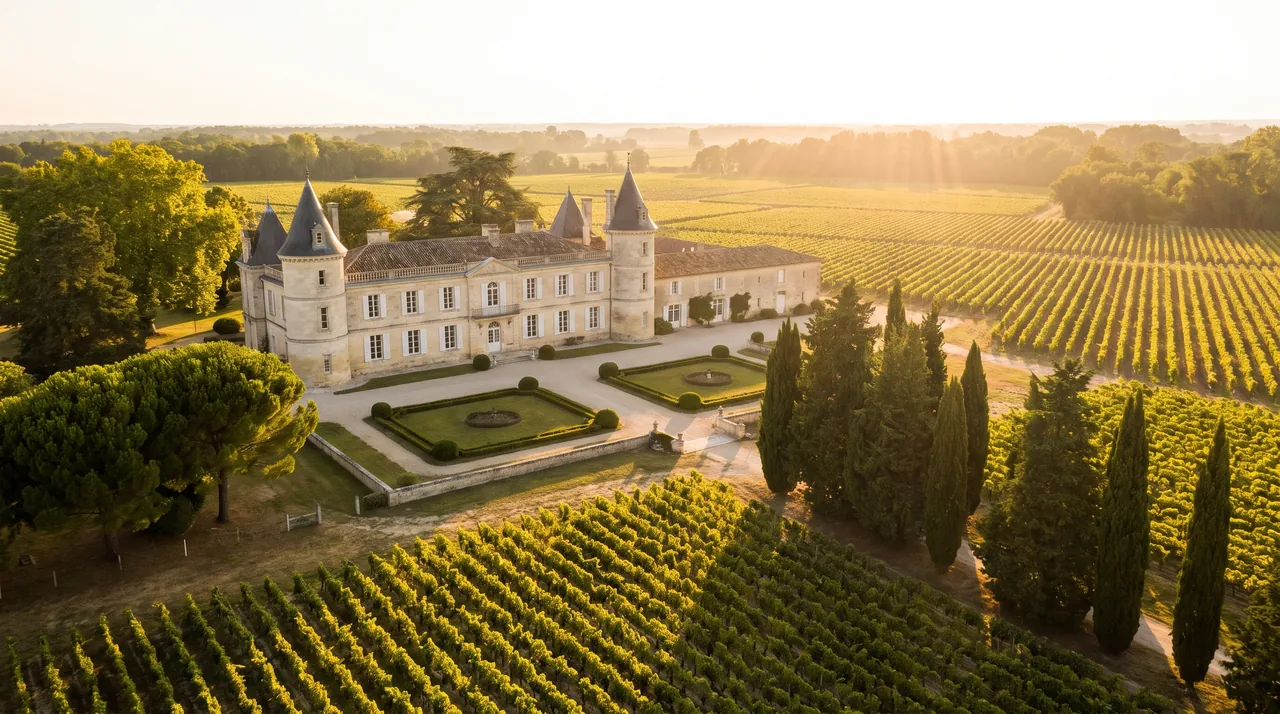 Gran castillo vinícola del Médoc, construido en piedra clara, con torres y tejados de pizarra, rodeado de viñedos y bañado por una luz cálida