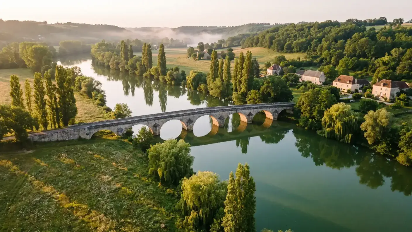 El río Isle, el puente antiguo y los prados del valle de Mussidan