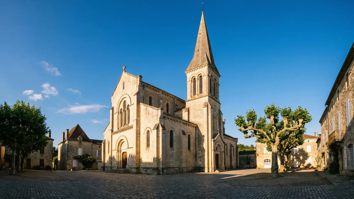 Iglesia neorrománica de San Jorge y su campanario-pórtico en Mussidan