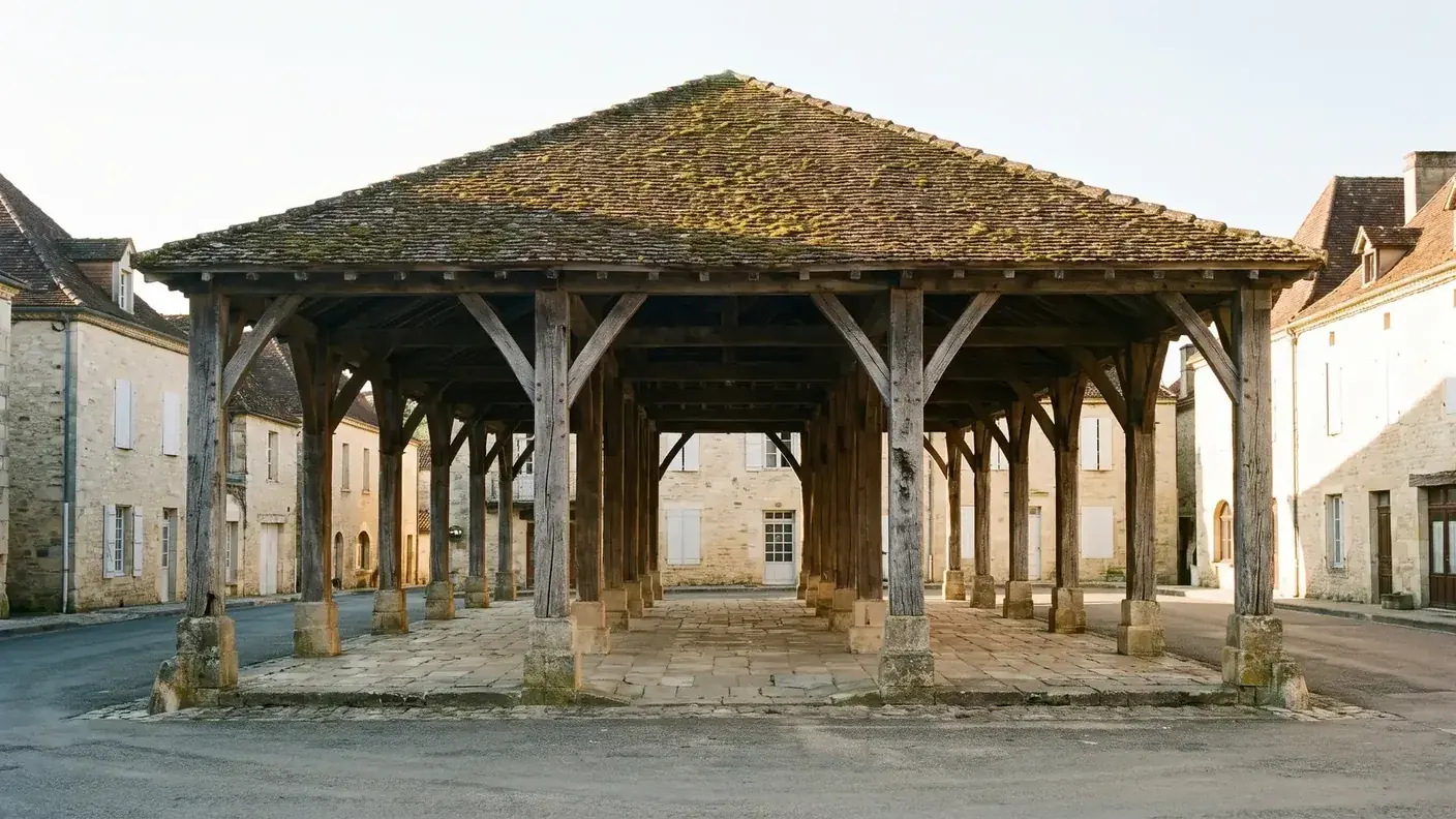 Pabellón de piedra y madera en una plaza del Périgord