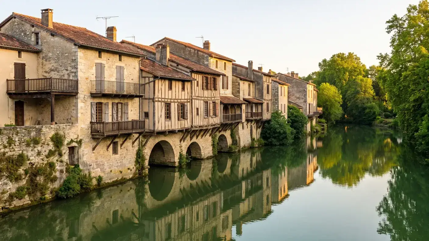 Le Petit Nérac, antiguas casas de piedra y con entramado de madera a orillas del Baïse, reflejos en el río