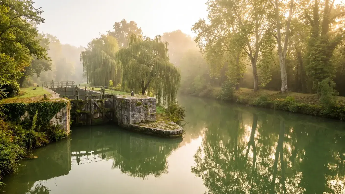 El río Baïse atraviesa Nérac, un río verde canalizado con una esclusa de piedra y muelles bordeados de árboles