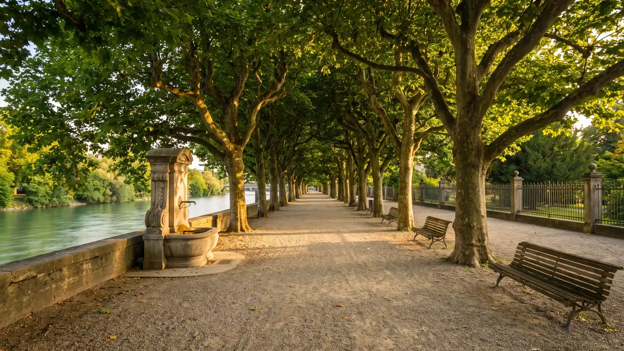 El parque de la Garenne en Nérac, una larga avenida de grandes plátanos a orillas del río Baïse, fuente de piedra