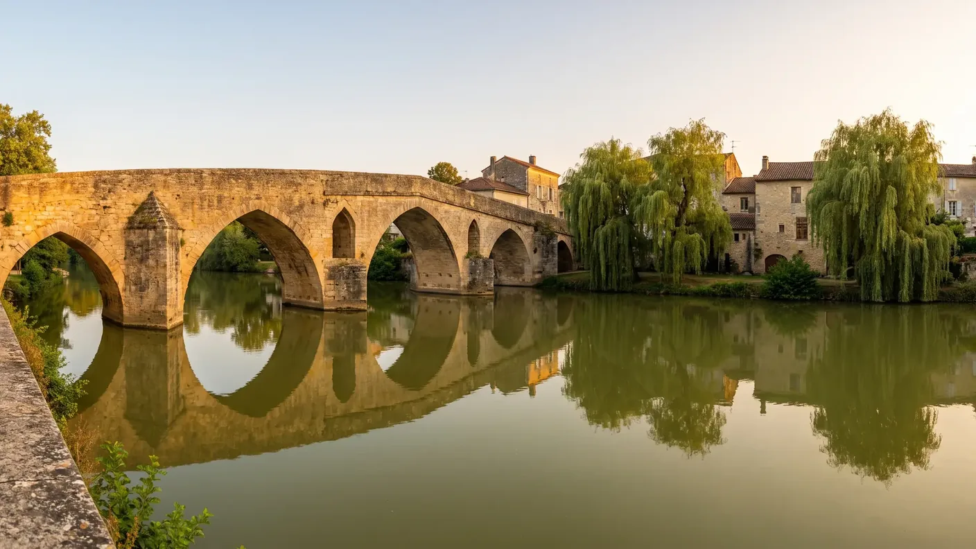 El Pont-Vieux de Nérac, un puente gótico de piedra con arcos sobre el río Baïse, reflejos y casas antiguas