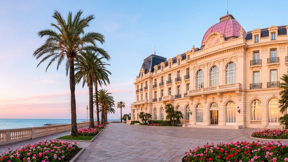 Palace Belle Époque en bord de mer à Nice, façade crème à hautes fenêtres cintrées, balcons ouvragés, toitures mansardées et coupole rose, palmiers et massifs fleuris devant l'esplanade déserte au lever du jour
