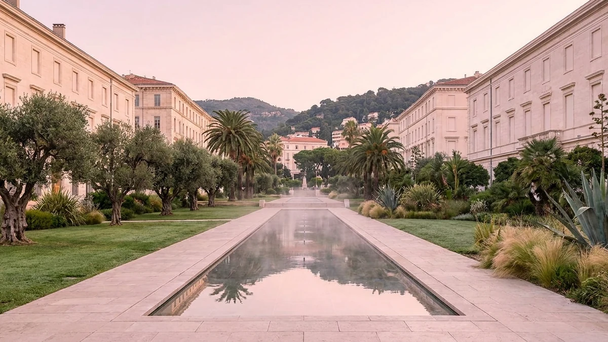 Promenade du Paillon à Nice, coulée verte urbaine avec miroir d'eau sur dallage de pierre claire, jets de brume, oliviers, palmiers et agaves, immeubles Belle Époque reflétés, lumière du matin