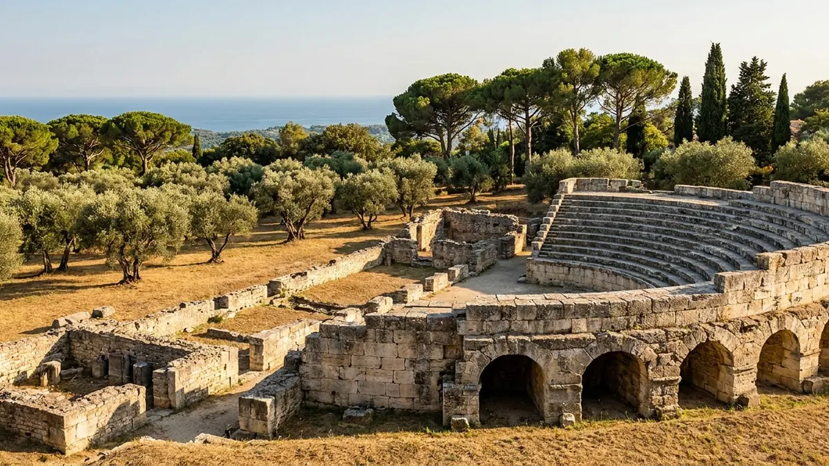 Ruines romaines à flanc de colline près de Nice, gradins et arcades de pierre calcaire d'un petit amphithéâtre, murs dégagés de thermes antiques, oliviers noueux et pins parasols sur l'herbe sèche, mer à l'horizon