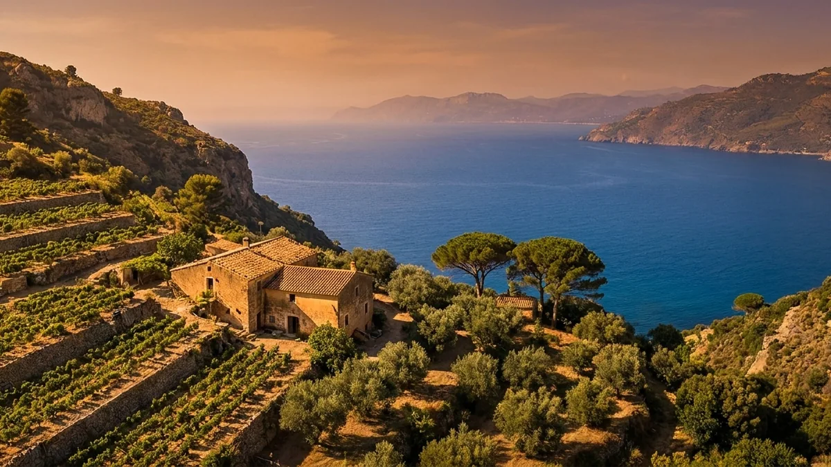 Vignoble en terrasses soutenues par des murets de pierre sèche sur un coteau méditerranéen, rangs de vignes basses, oliviers et pins parasols, mas de pierre à toit de tuiles, mer et côte au loin dans la lumière dorée