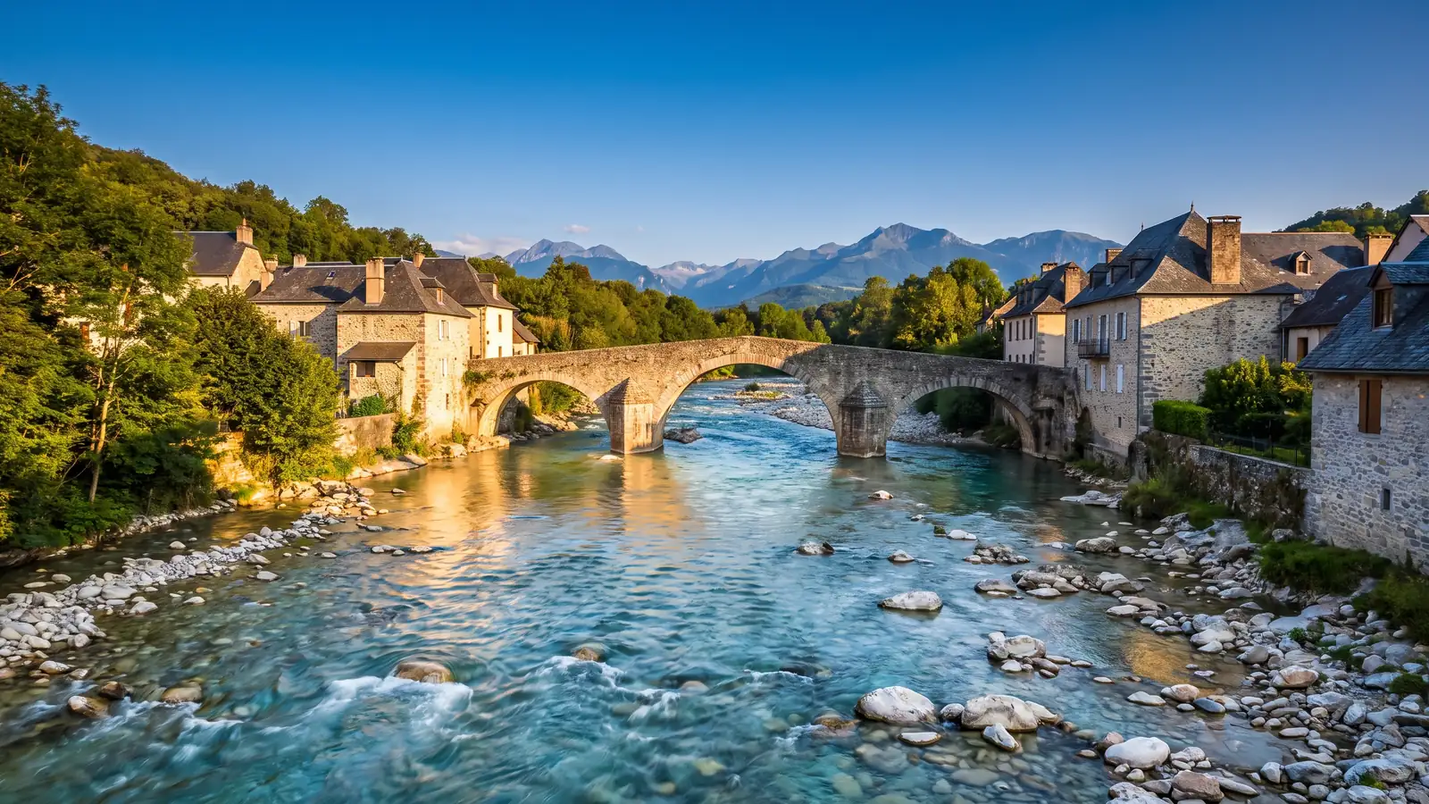 Puente de piedra sobre un torrente en Oloron-Sainte-Marie