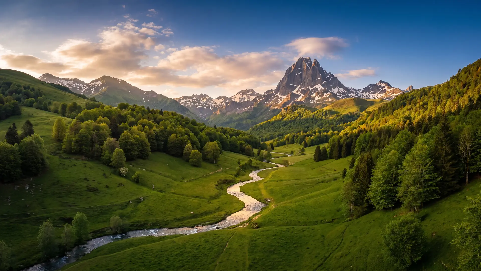 Valle pirenaico cerca de Oloron, con el pico del Midi d'Ossau