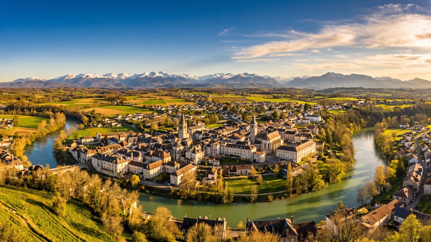 Panorama de Oloron-Sainte-Marie a los pies de los Pirineos