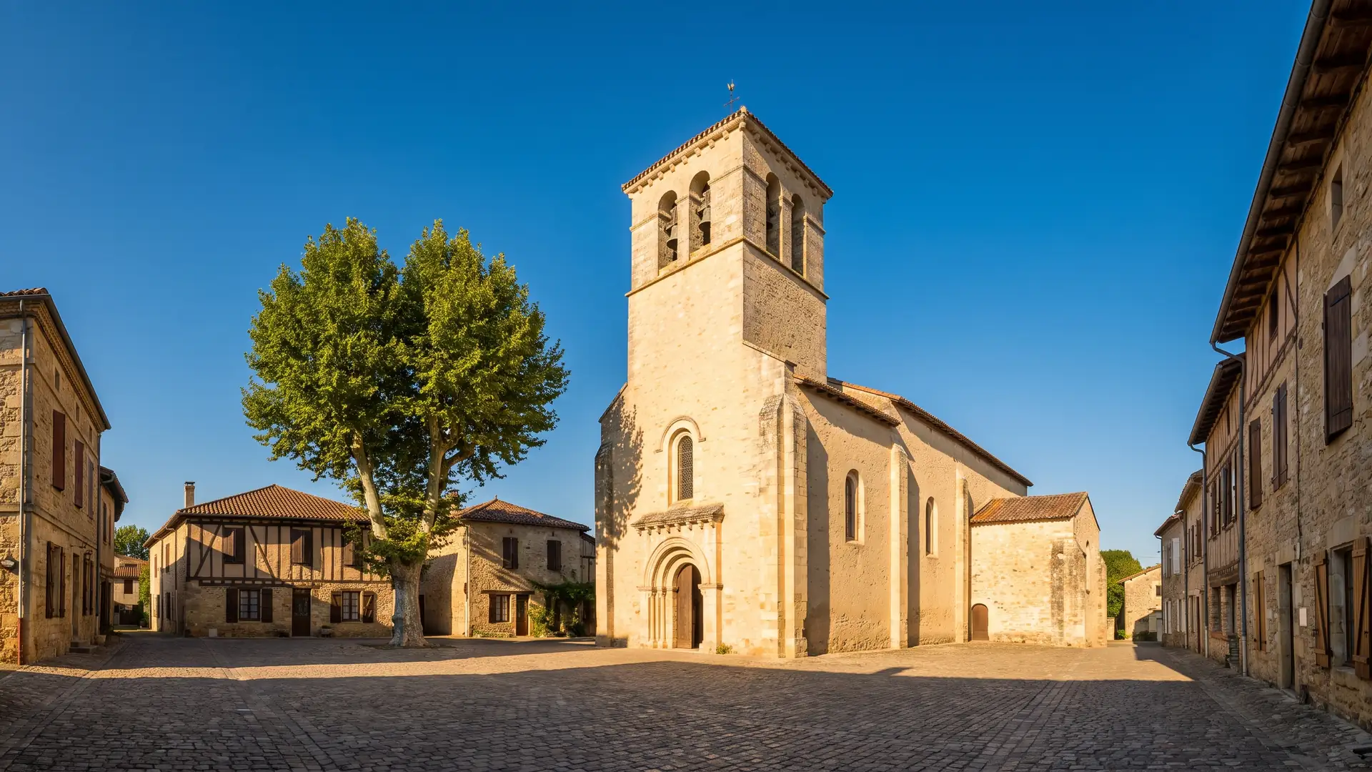 Una iglesia de pueblo construida en piedra color miel, con un campanario macizo, situada en un recinto verde de las Landas