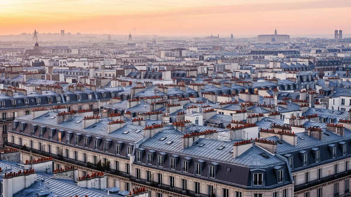 Les toits de zinc et les façades haussmanniennes de Paris vus d'en haut, à l'aube