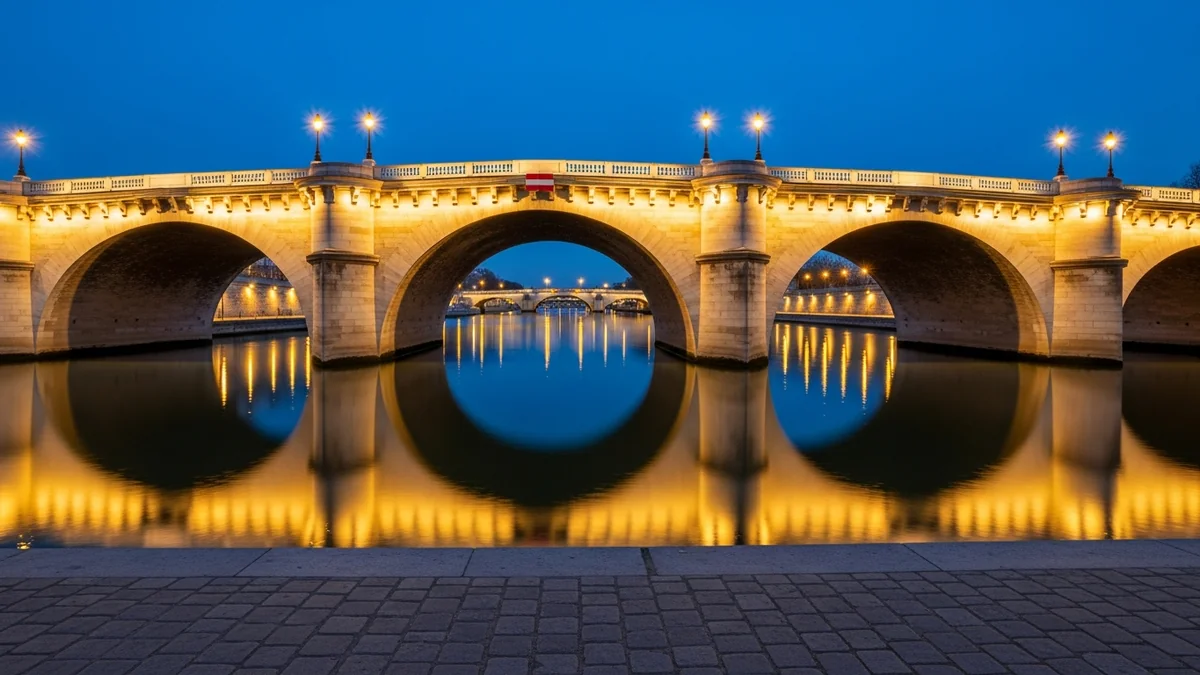 La Seine à l'heure bleue, pont en arche et quais de pierre face à l'île de la Cité, à Paris