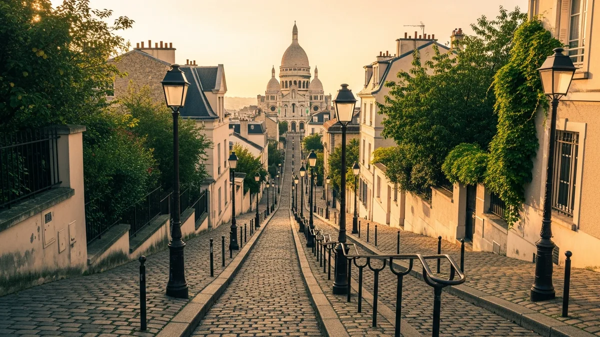 Un escalier pavé de Montmartre au petit matin, dôme du Sacré-Cœur en haut de la montée