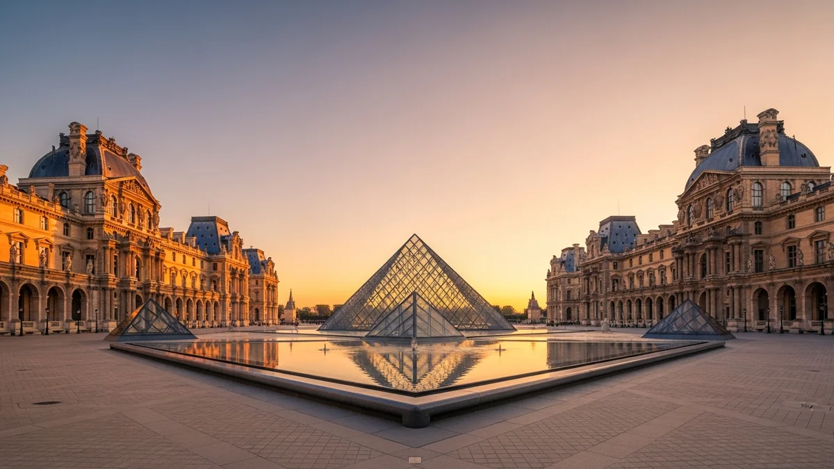 La pyramide de verre du Louvre dans la cour Napoléon, à Paris, au coucher du soleil