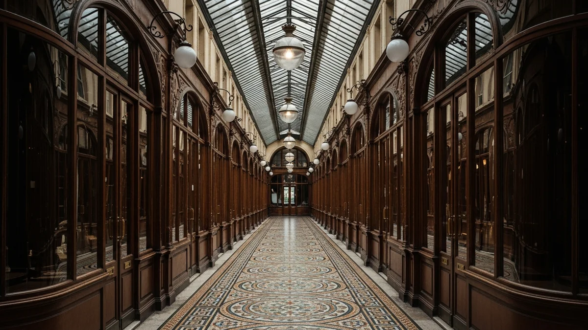Un passage couvert parisien du XIXe siècle sous sa verrière de fonte et de verre