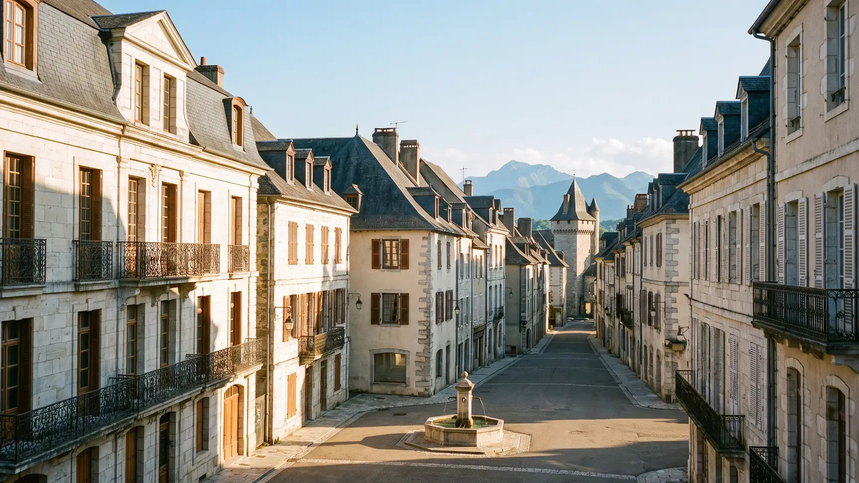 Calle empedrada del centro histórico de Pau, con el castillo al fondo