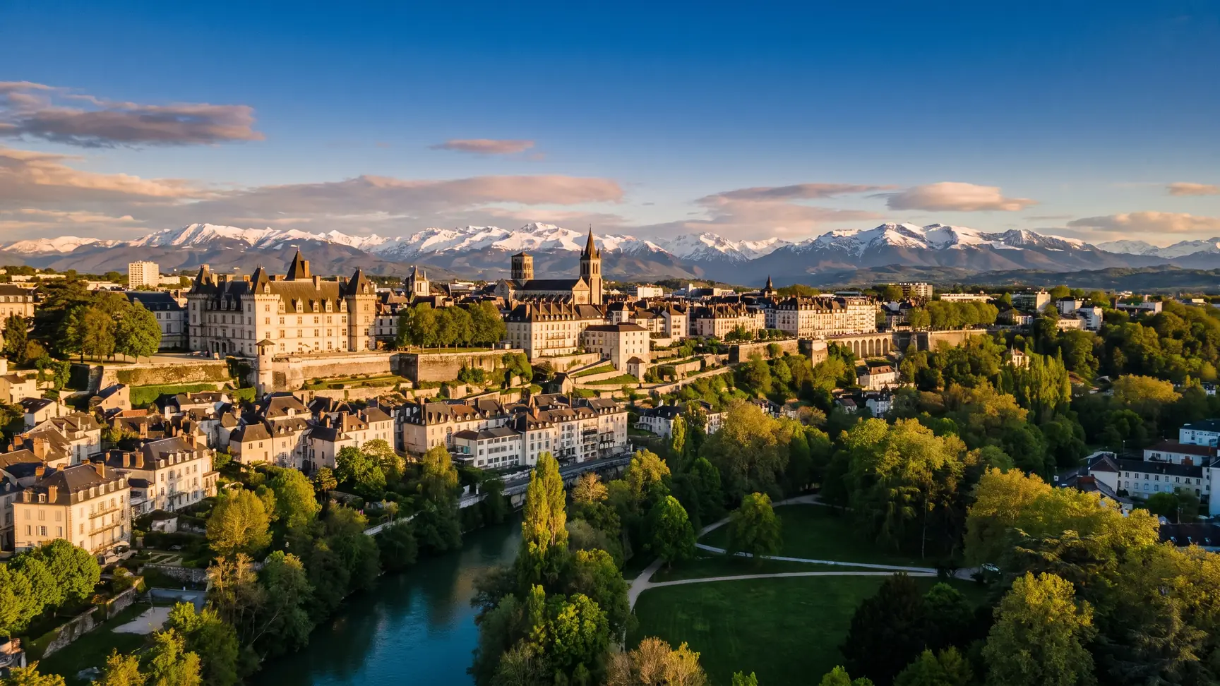 Panorama de Pau y los Pirineos, destino del traslado privado desde Burdeos
