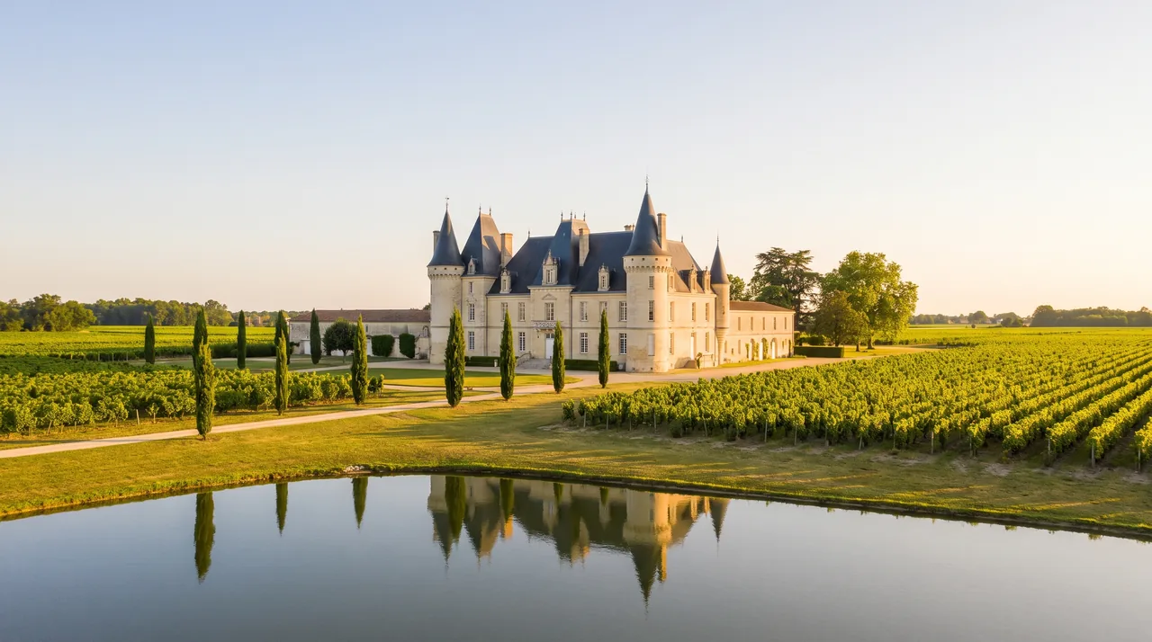 Gran castillo vinícola del Médoc, construido en piedra clara, con torres y tejados de pizarra, un estanque reflectante y viñedos en Pauillac