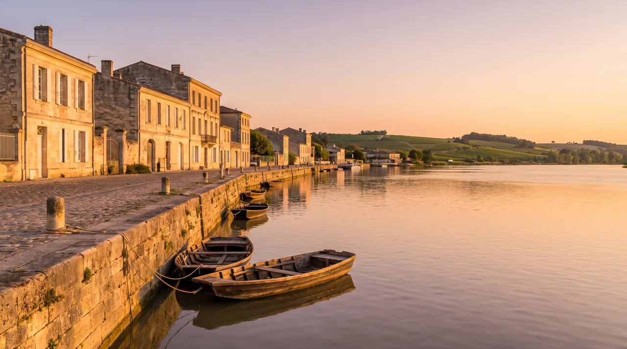 Muelle de piedra a lo largo del estuario de la Gironda en Pauillac al atardecer, edificios bajos en segundo plano, barcas amarradas