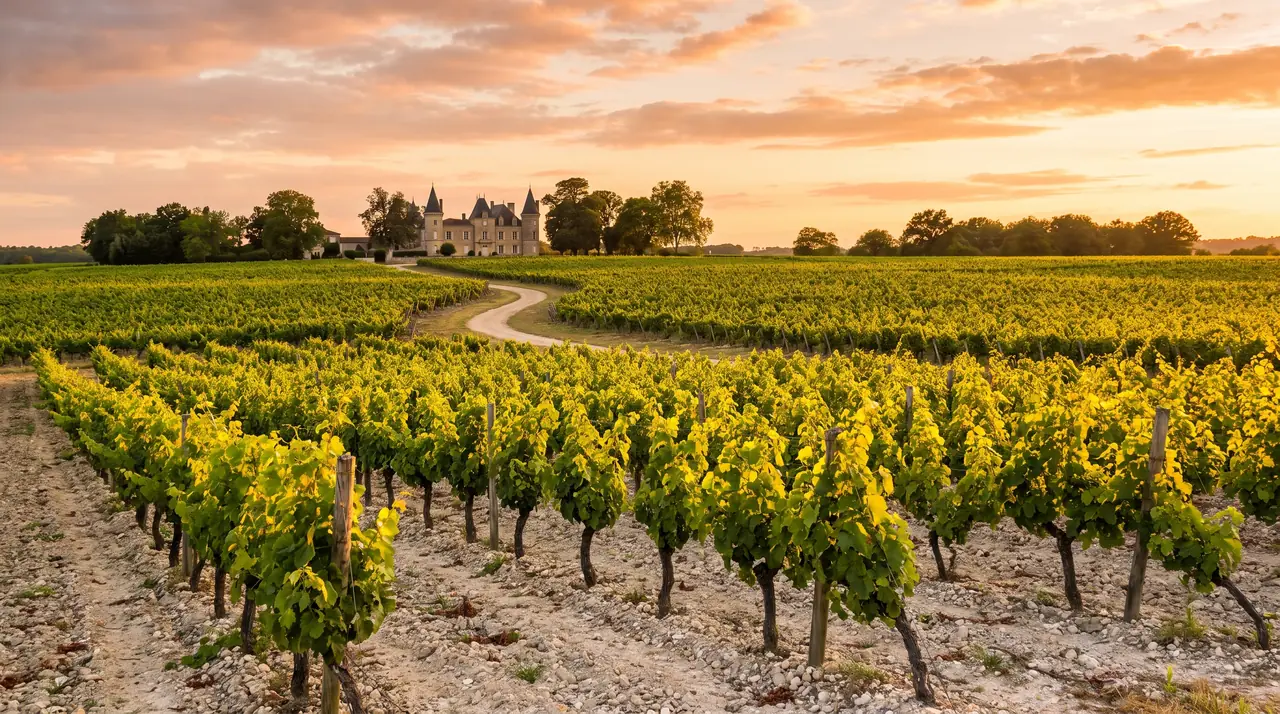 Filas de viñedos sobre un suelo de grava clara en Pauillac al atardecer, follaje de color verde intenso, un castillo entre los árboles a lo lejos