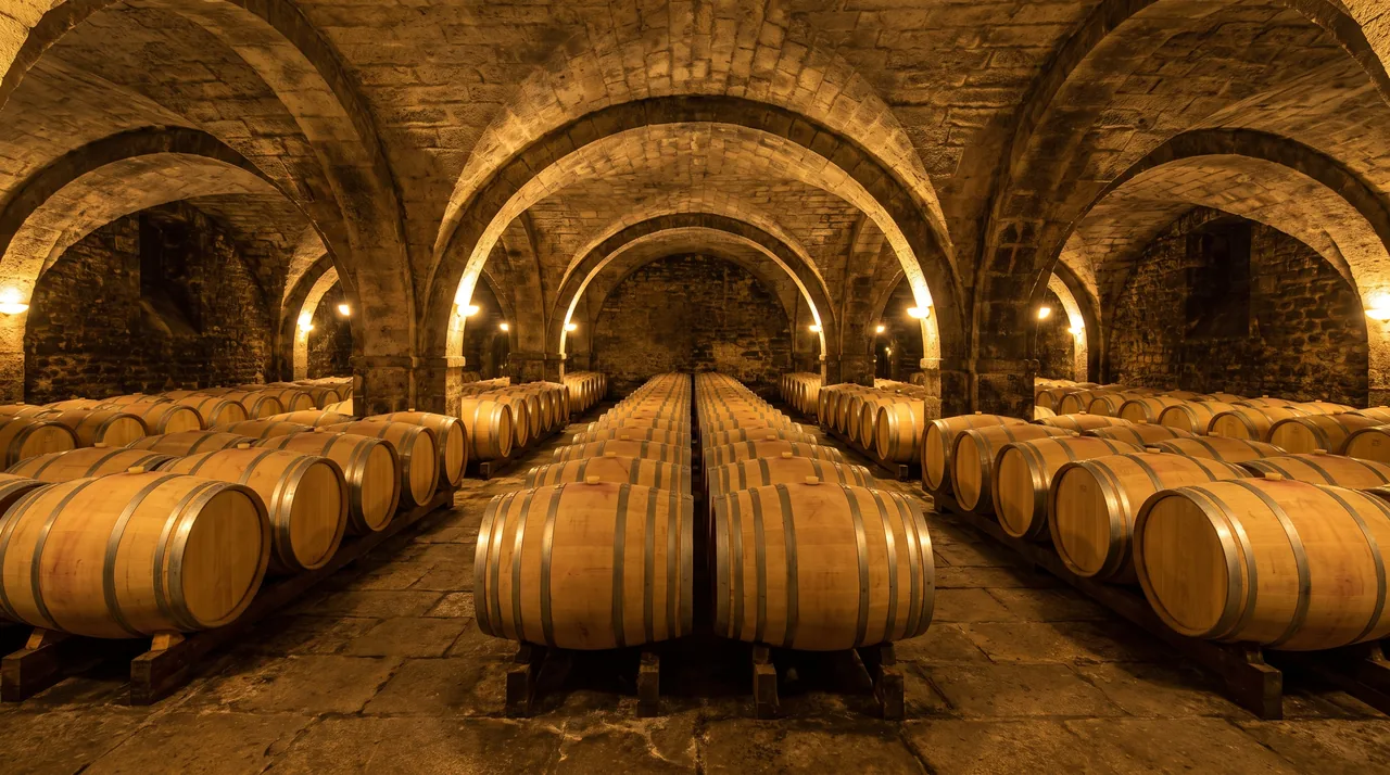 Hileras de barricas de roble nuevas en una bodega abovedada de piedra en Pauillac, con la cálida luz reflejándose en la madera