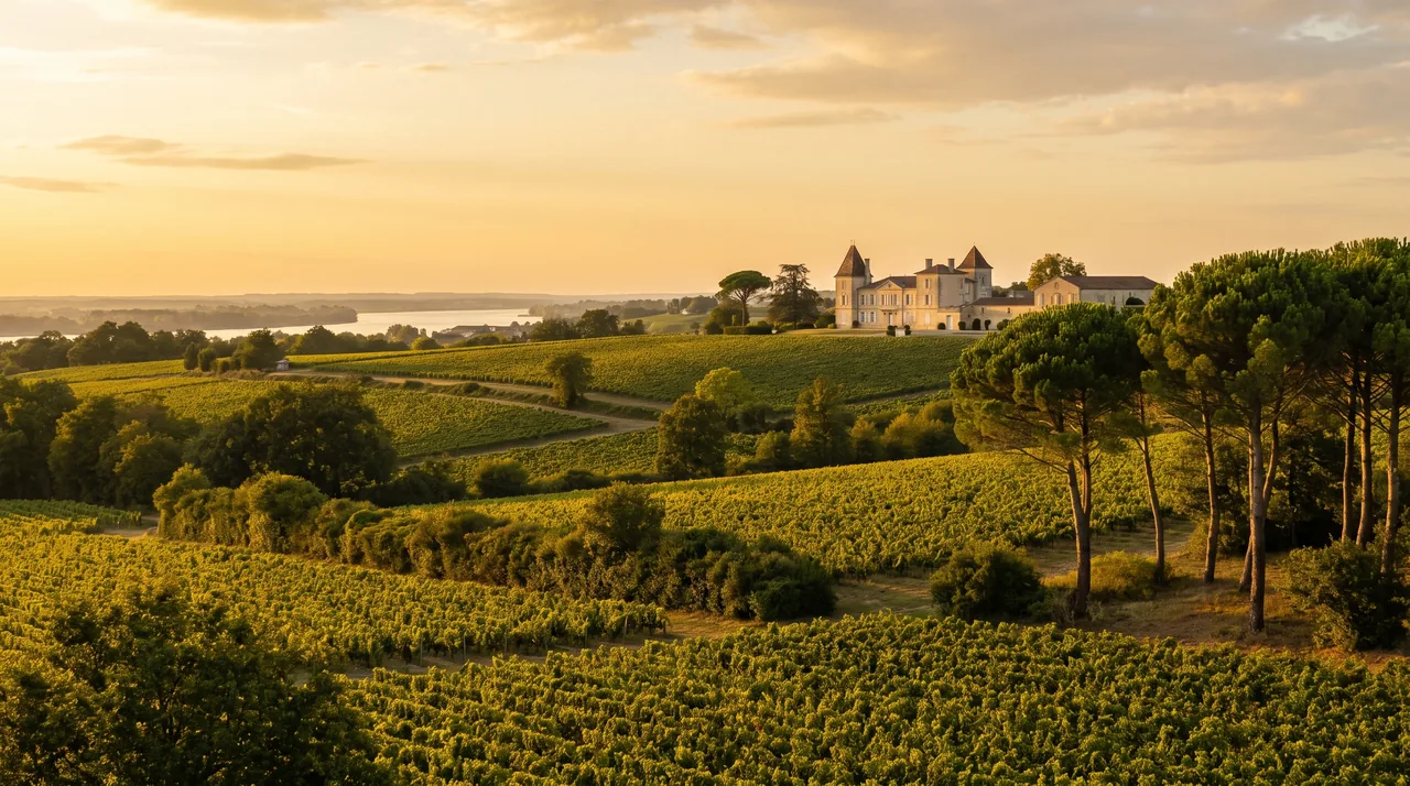 Campiña del Médoc, cerca de Pauillac, al atardecer: viñedos, setos, pinos marítimos y una finca de piedra a lo lejos, luz dorada