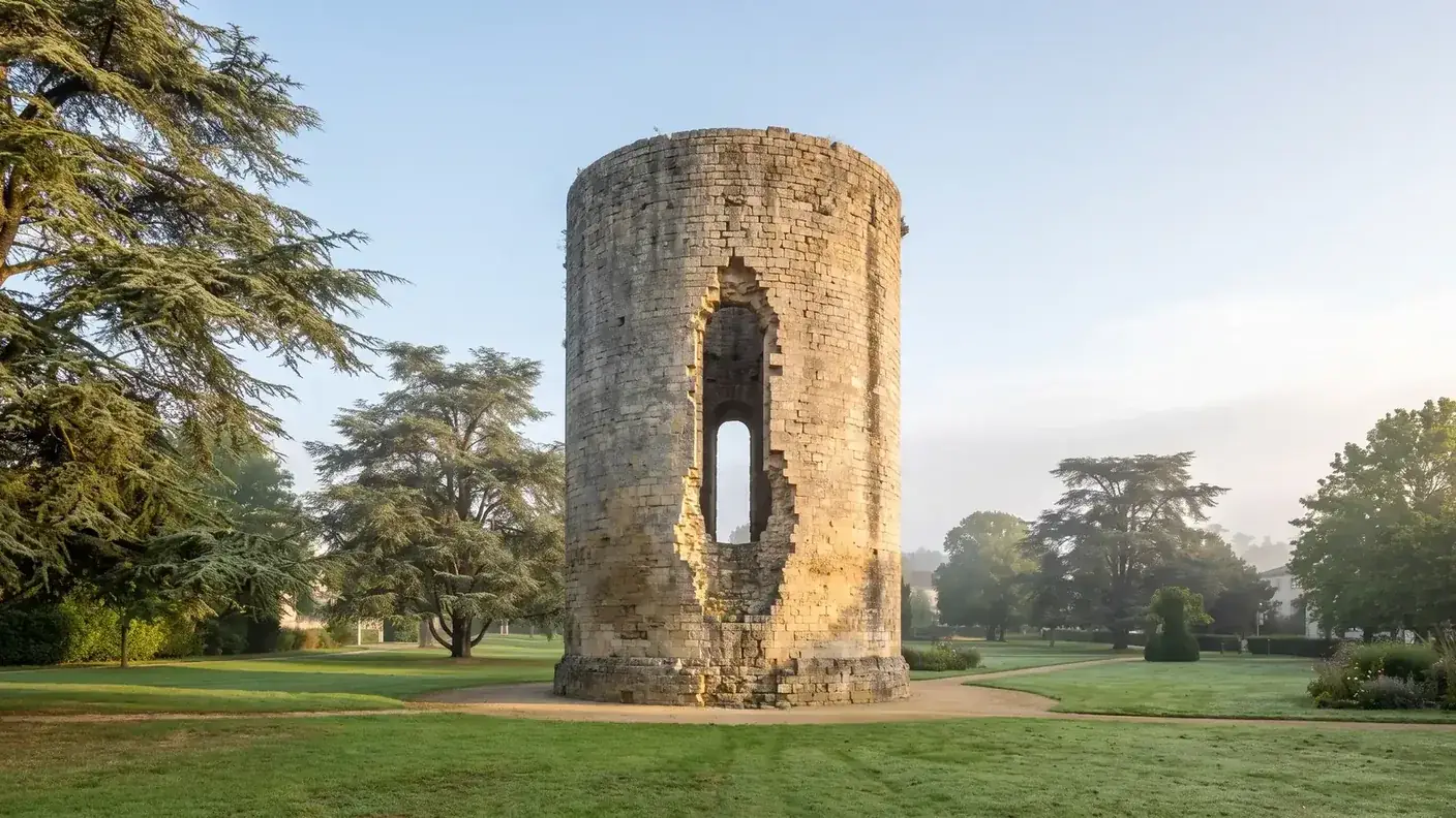 Torre de Vésone en Périgueux, una torre circular galorromana de 24 metros con una brecha en su muro, situada en su parque público